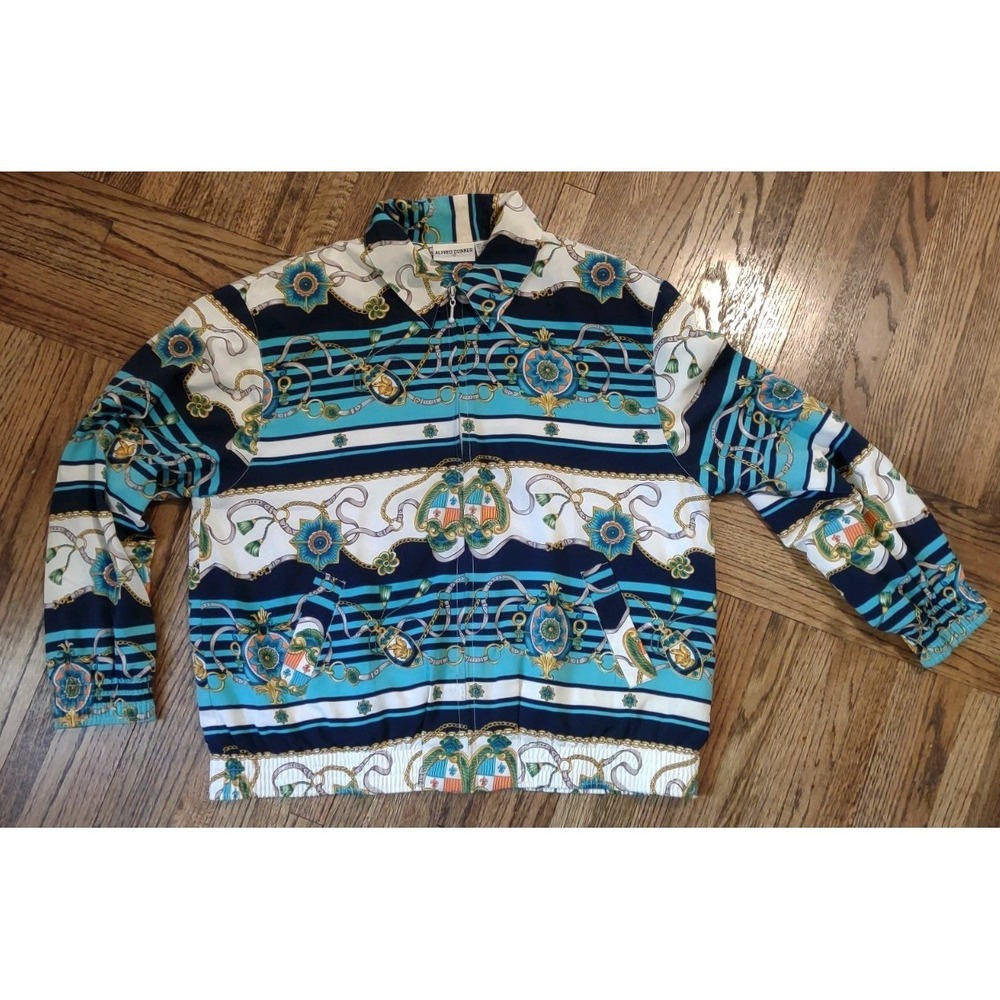 Vintage Alfred Dunner Nautical Chain Print Bomber Jacket Blue Teal Mens XL